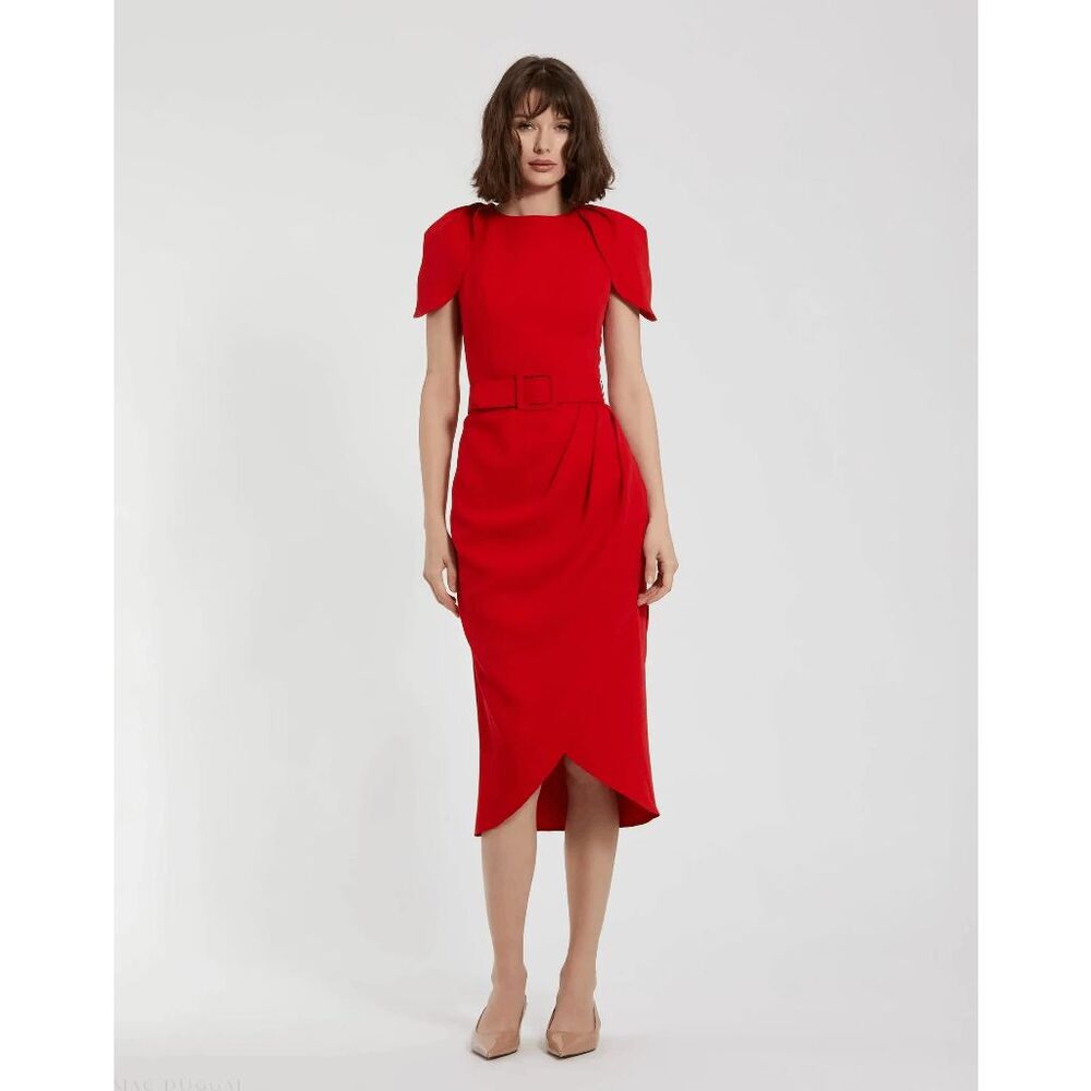 Mac Duggal Red Crepe Boat Neck Midi Tulip Dress With Belt US 6 $298